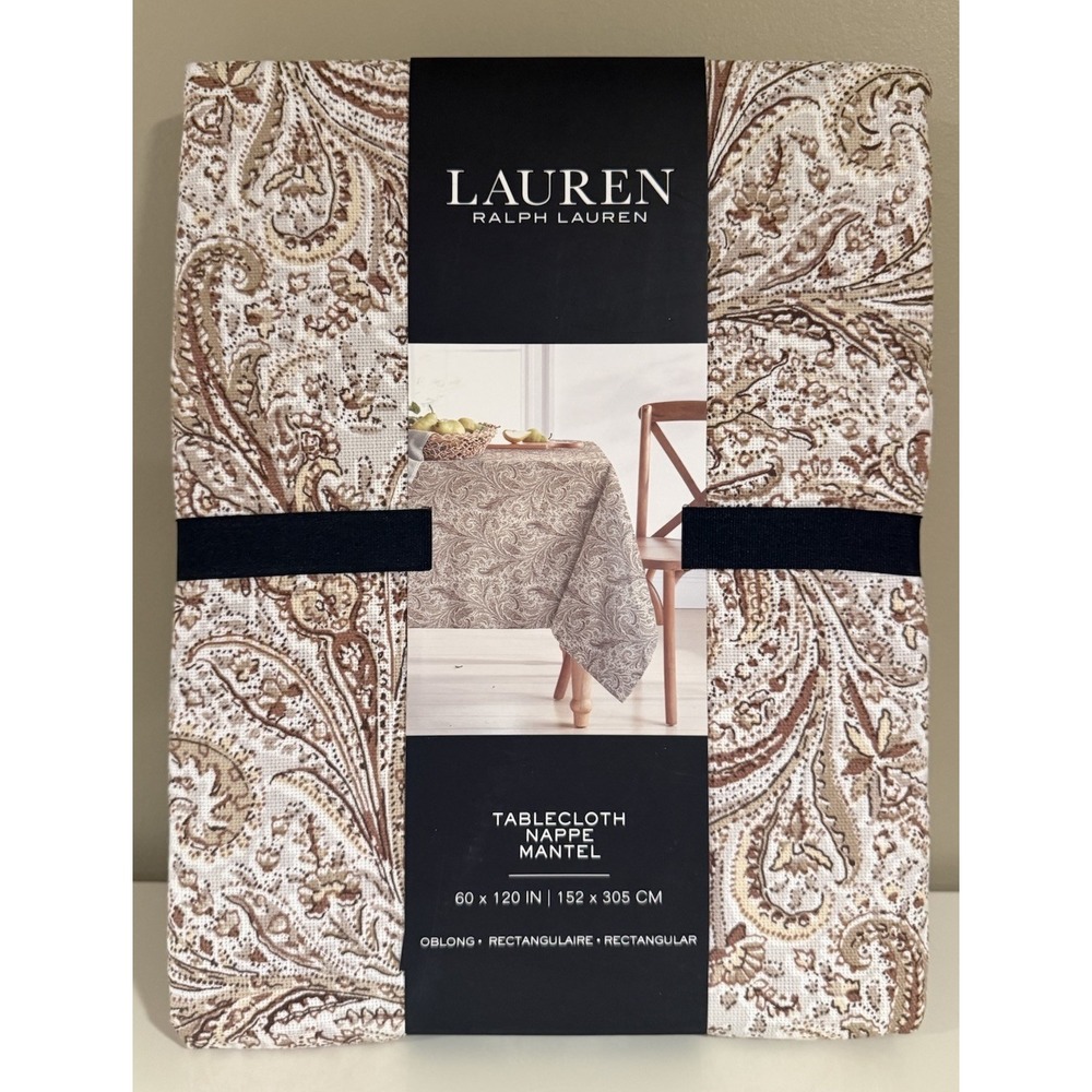RALPH LAUREN BROWN PAISLEY TABLECLOTH ELEGANT 100% COTTON Oblong 60 x 120 NIP